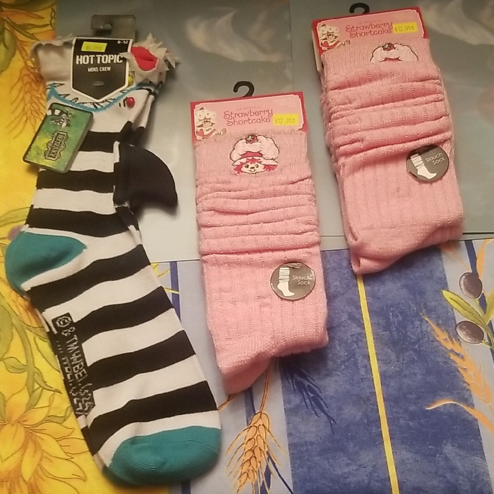 Hot Topic Beetlejuice Socks & Strawberry Shortcake Socks Bundle (3) BNWT